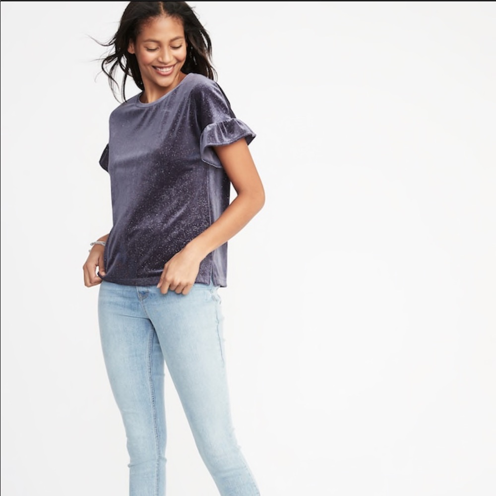 NWT Blue sparkling velvet top with ruffle sleeve - Picture 3 of 5